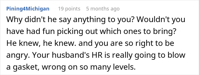 Text comment on a thread about a husband's coworkers' "game," discussing the situation's inappropriateness.
