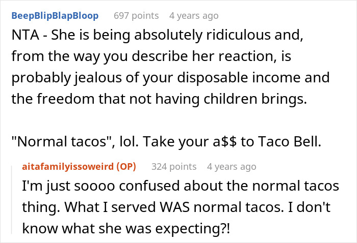 Text exchange discussing inlaws being upset over tacos served as children's meals.