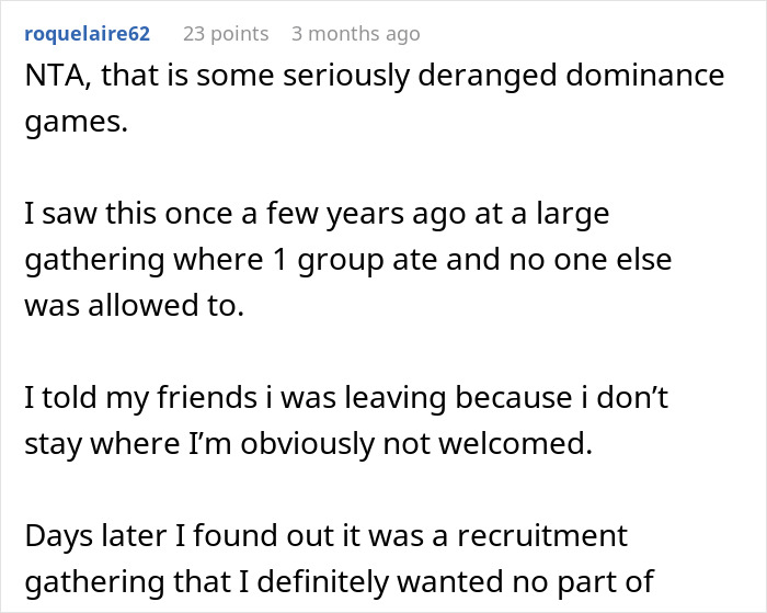 Reddit comment discussing a group eating while others only get leftovers at a gathering.