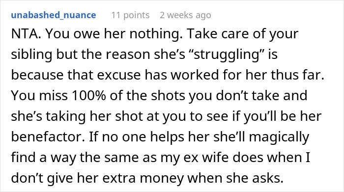 Reddit comment discussing financial responsibility towards an ex-wife and sibling.