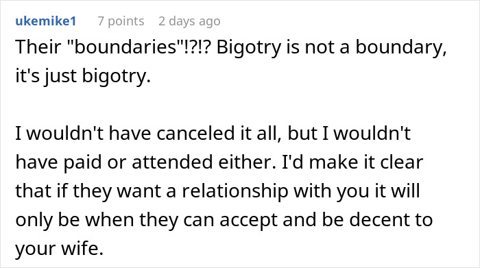 Comment discussing boundaries and bigotry related to daughter's canceled party for wife disrespect. Comment discussing boundaries and bigotry related to daughter's canceled party for wife disrespect.