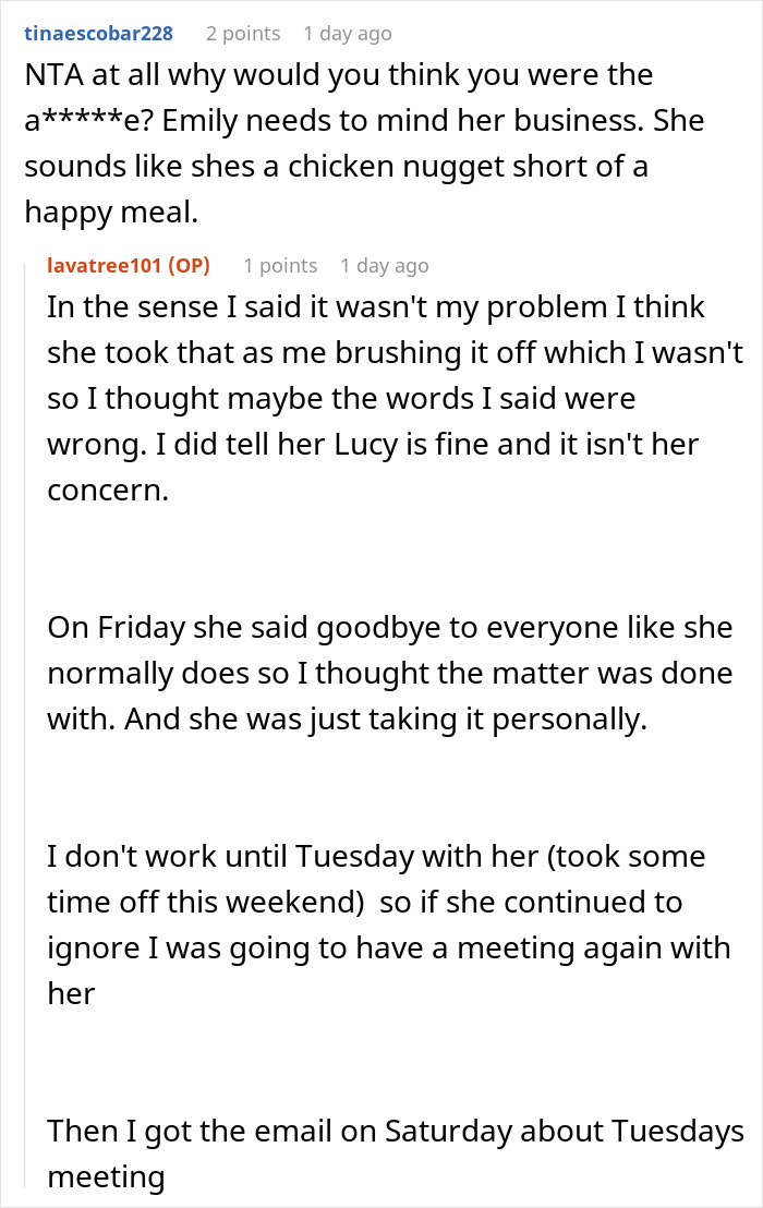 Reddit comments discussing a situation where a woman is criticized for buying coffee for a pregnant coworker.