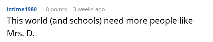 Comment praising Mrs. D, a figure involved in a teen's experience with a horrible mother and a stranger's revenge.