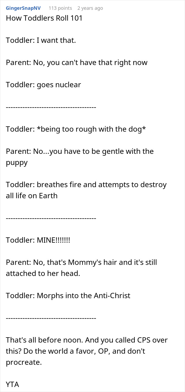 Text conversation humorously describing toddler tantrums; mentions calling CPS over toddler behavior.