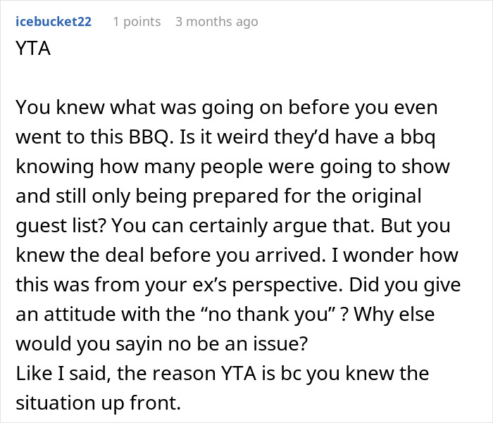 Screenshot of text discussing group of friends eating before guests, mentioning only leftovers were served.