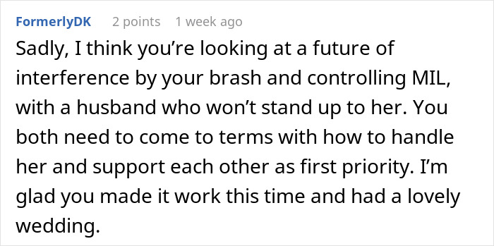 Comment discussing a controlling MIL influencing couple's wedding date decisions. Comment discussing a controlling MIL influencing couple's wedding date decisions.