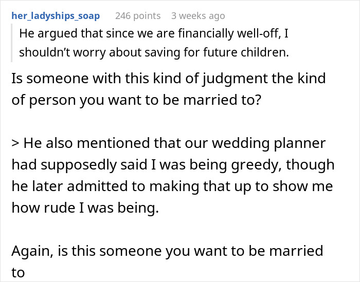 Text exchange about wedding budget disagreement and label of greediness. Text exchange about wedding budget disagreement and label of greediness.