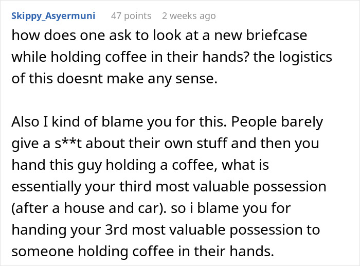 Text discussion about asking a friend to pay for a leather bag while holding coffee.