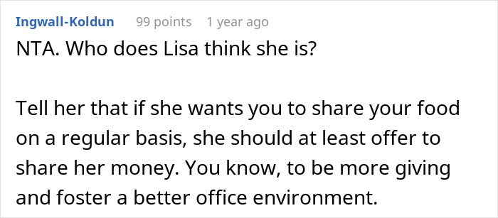Reddit comment discussing coworker insisting on sharing food to improve team spirit at work.