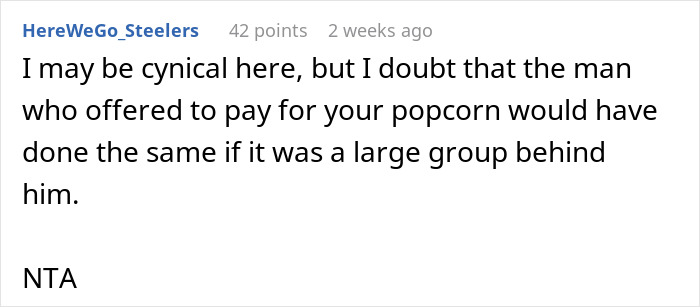 Reddit comment discussing refusing pay-it-forward chain being rude or not, with user's cynical perspective.