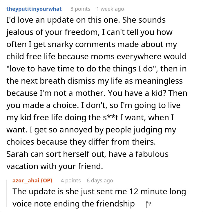 Reddit comments discussing a friendship imploding over child-free vacation plans.