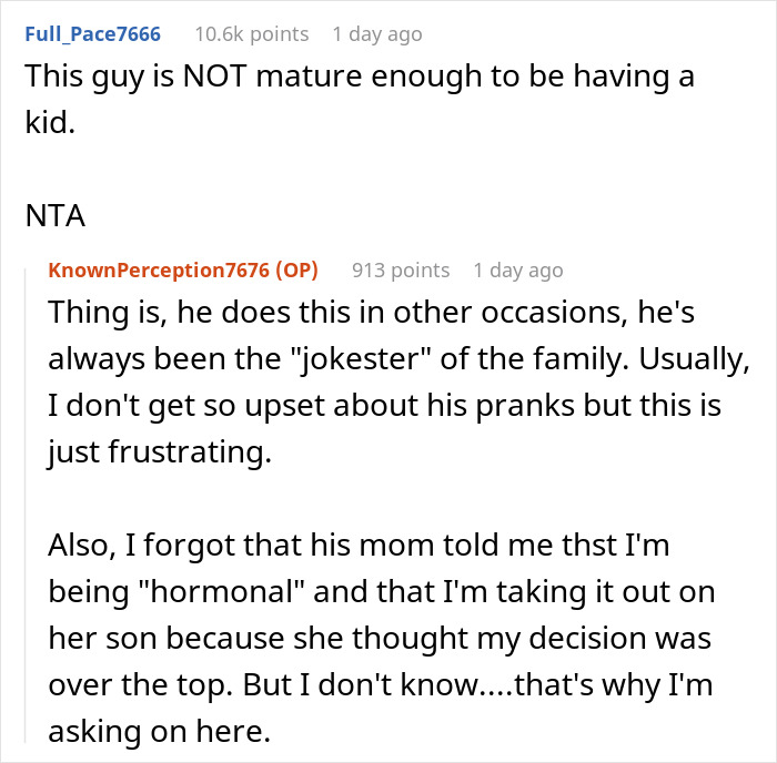 Reddit comments discussing a man's behavior at pregnancy appointments, labeled "NTA".