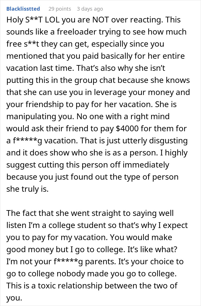 Text of a discussion about a woman refusing to cover her friend&rsquo;s vacation costs.