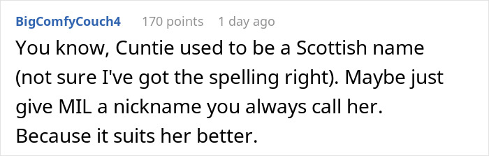 Text comment discussing renaming MIL with a nickname, humorously referencing Scottish names.