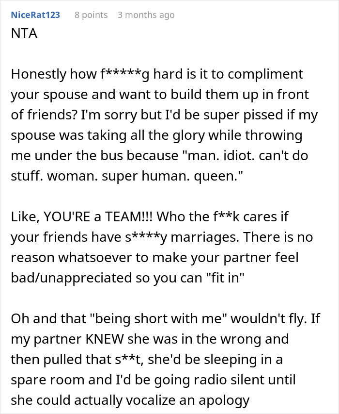 Text screenshot about "unhelpful" husband arguing over marriage dynamics and support issues.