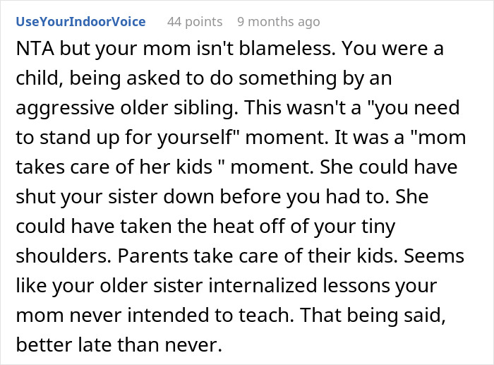 Text commentary on teen prioritizing future over babysitting duties, discussing family dynamics and responsibilities.