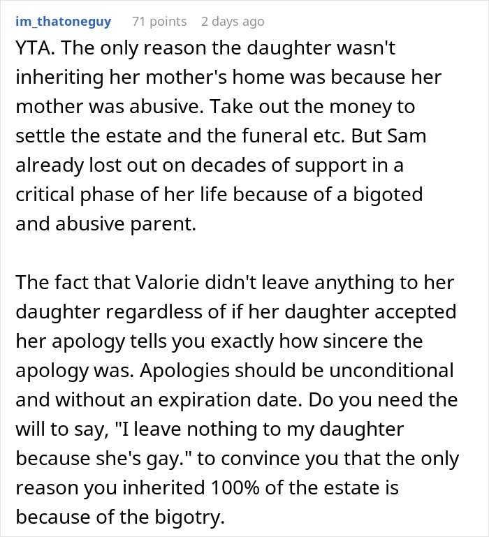 User comment discussing inheritance and family dynamics involving an abusive parent.