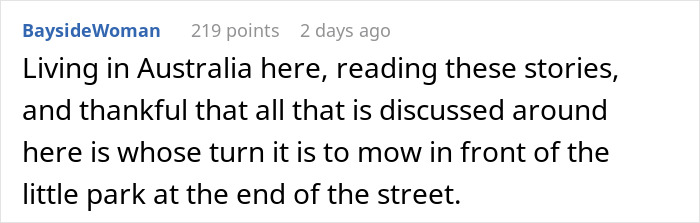 Comment about neighborhood life in Australia, focusing on local grass mowing routines.
