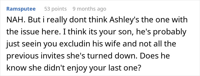 Comment discussing a son supporting his wife over exclusion from a Bridgerton watch party. Comment discussing a son supporting his wife over exclusion from a Bridgerton watch party.