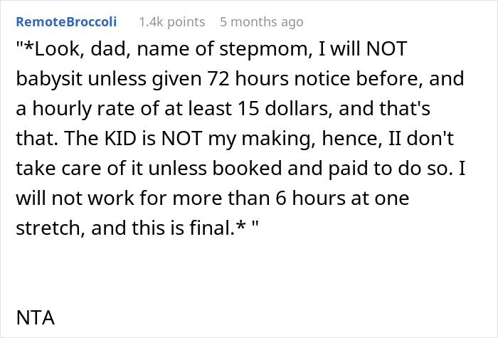 Quote about babysitting conditions; 16YO explains requirements, stressing notice and payment terms.