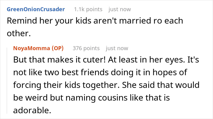 Chat exchange discussing naming cousins George and Charlotte inspired by Bridgerton.