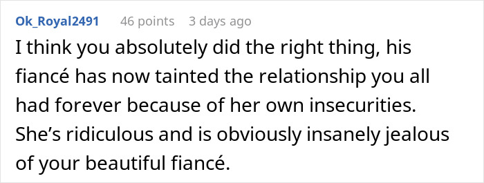 Text comment discussing wedding dropout over fiancée ban. Text comment discussing wedding dropout over fiancée ban.