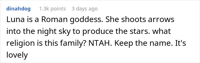 Comment on Luna as a baby name, mentioning Roman goddess and encouraging to keep it.
