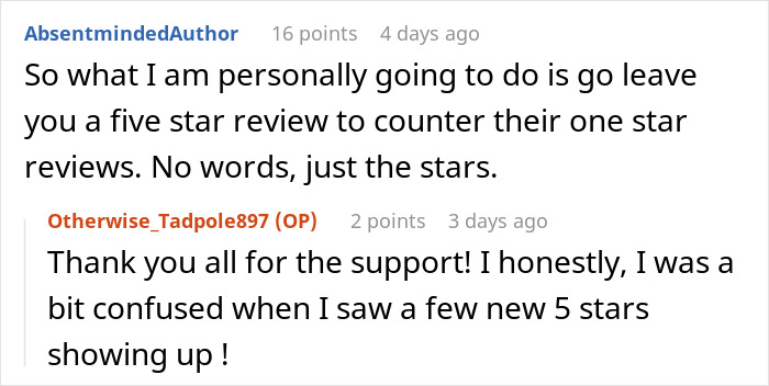 User comments discussing countering bad business reviews with five-star ratings. User comments discussing countering bad business reviews with five-star ratings.