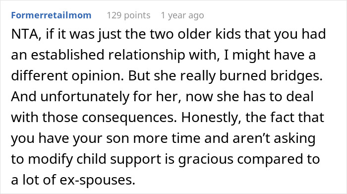 Reddit comment discussing a man refusing to babysit his ex's kids after her infidelity.