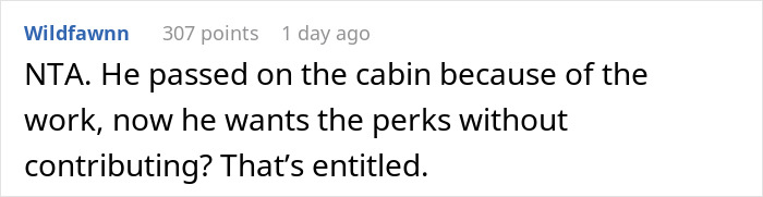 Text comment discussing entitled use of family cabin without contributing. Text comment discussing entitled use of family cabin without contributing.