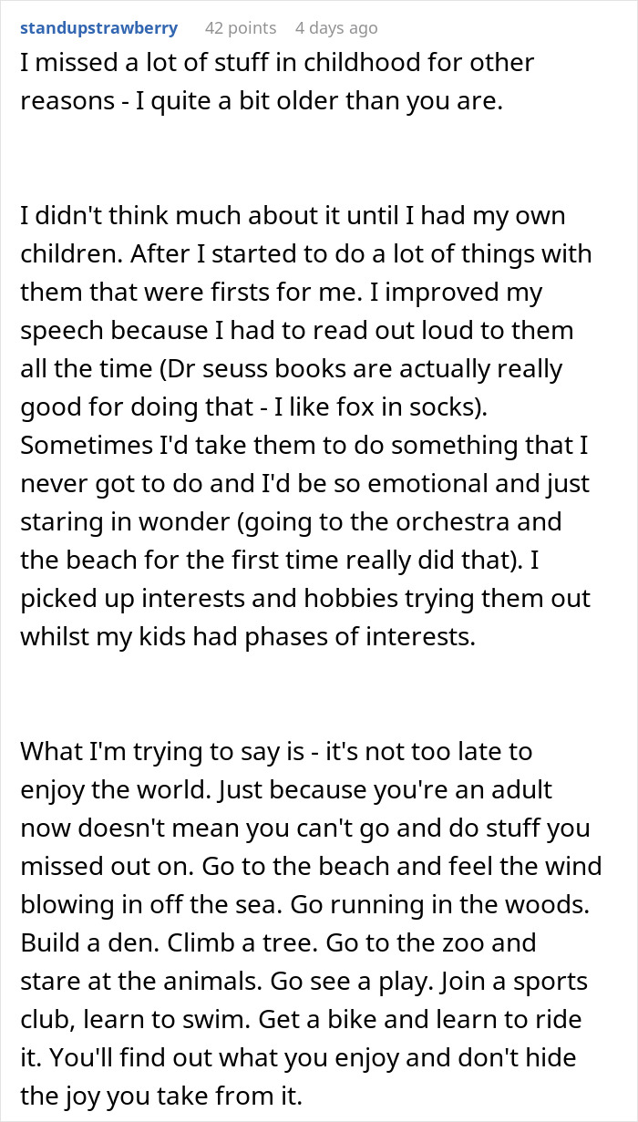 Text from an adult "iPad kid" reflecting on missed childhood experiences, encouraging adults to explore and enjoy life. Text from an adult "iPad kid" reflecting on missed childhood experiences, encouraging adults to explore and enjoy life.