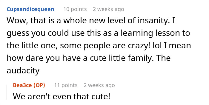 Reddit comments discussing a reaction to a family's restaurant seating, highlighting "cute little family.