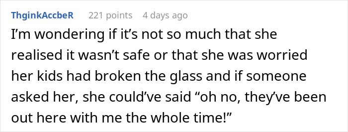 Reddit comment questioning if mom was worried kids broke glass while running in store. Reddit comment questioning if mom was worried kids broke glass while running in store.