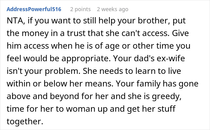 Comment discussing dad's ex-wife and son asking for rent help, with advice to create a trust for the brother.
