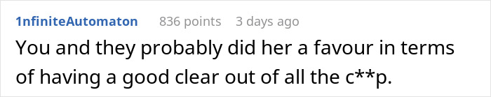 Reddit comment discussing a favor done by clearing out unnecessary things, related to revenge and toxic girlfriend.