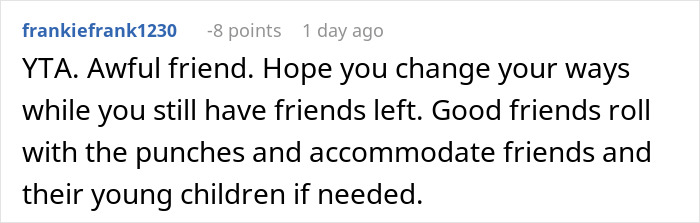 Reddit comment criticizing a child-free birthday dinner decision.