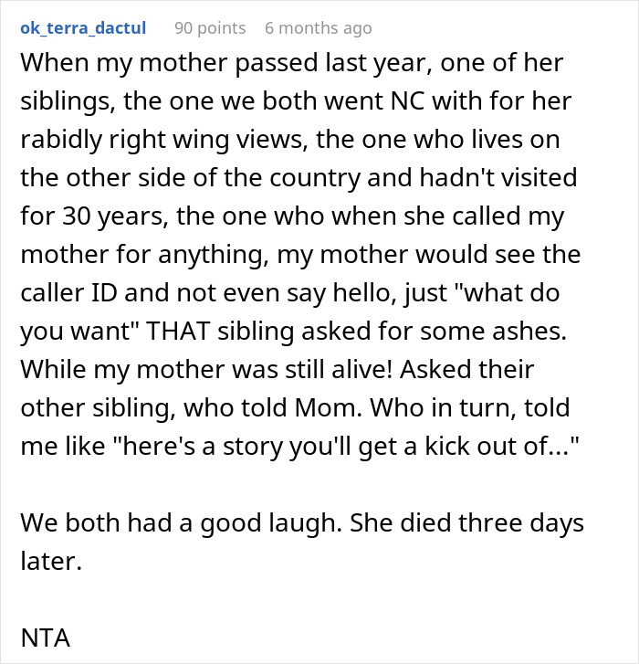 Reddit post discussing family estrangement, lack of visits, and mother's ashes. Reddit post discussing family estrangement, lack of visits, and mother's ashes.