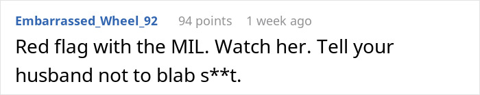 Comment discussing MIL influence, highlighting a red flag situation in a wedding decision involving a couple. Comment discussing MIL influence, highlighting a red flag situation in a wedding decision involving a couple.