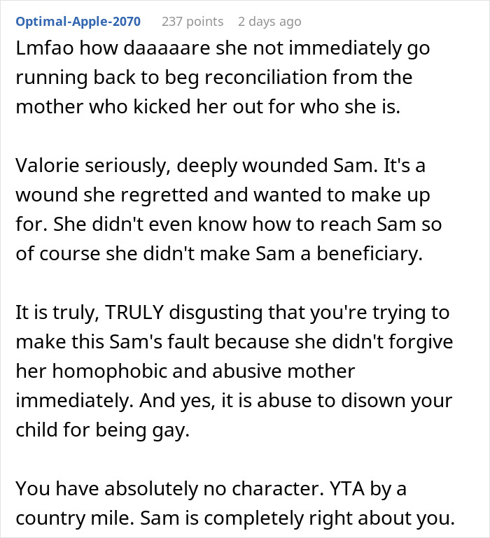 Reddit comment discussing inheritance, homophobia, and abuse, emphasizing emotional impact and moral judgment.