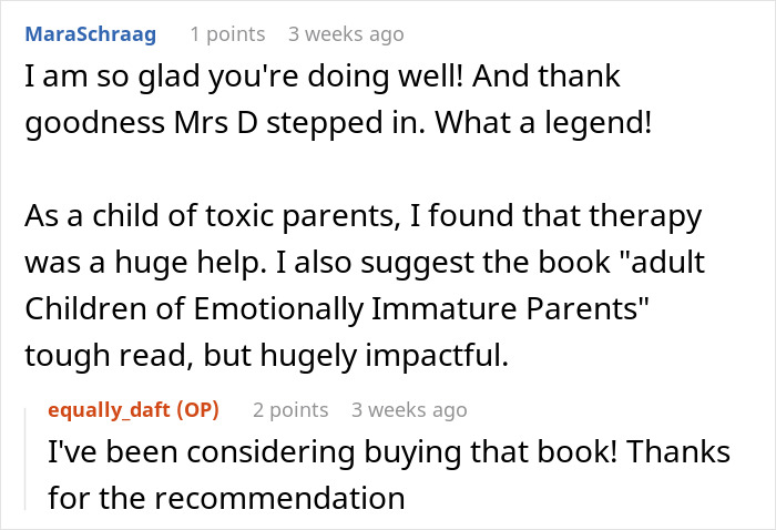 Comments discussing dealing with toxic parents and book recommendations for healing and understanding.