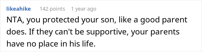 Comment supporting parent kicking out family for son's protection after they made him cry for being gay.