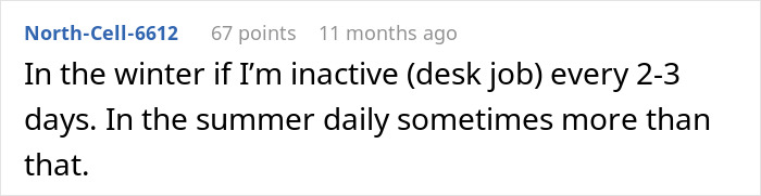 Reddit user comment about shower frequency in winter and summer related to desk job activity.