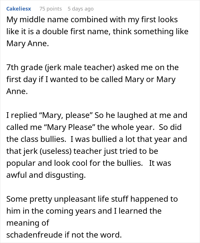 Text of a student's revenge story about a teacher who butchered their name.