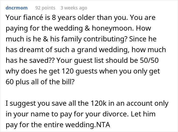 Social media comment discussing six-figure wedding budget disagreements and financial contributions. Social media comment discussing six-figure wedding budget disagreements and financial contributions.