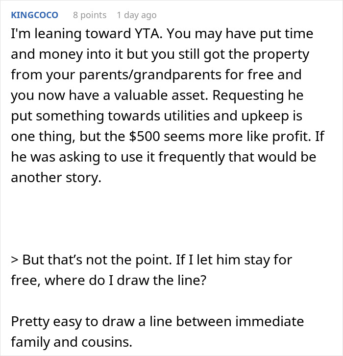 Reddit discussion about brother paying for using family cabin; mention of fairness and upkeep costs. Reddit discussion about brother paying for using family cabin; mention of fairness and upkeep costs.