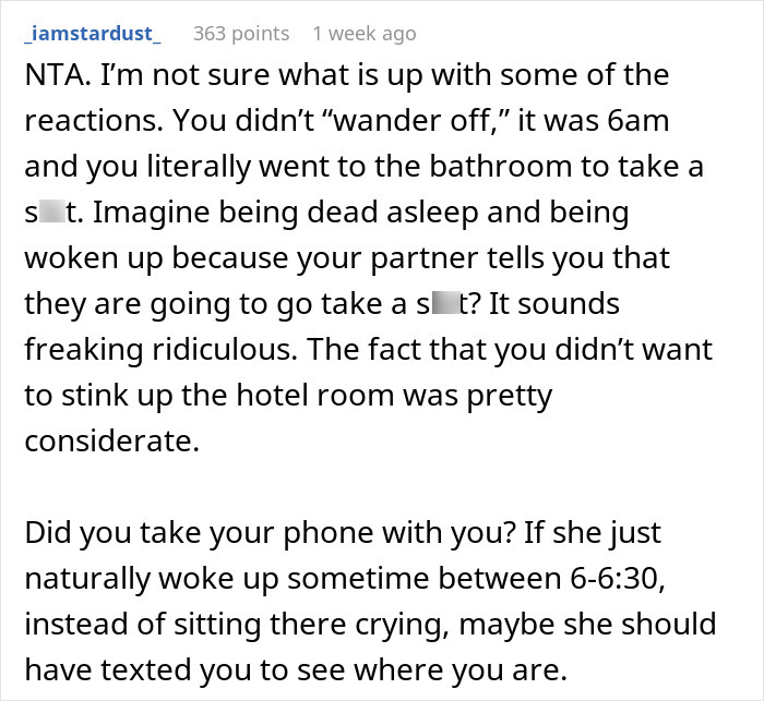 Text conversation about a man sneaking out to use lobby toilet to avoid stinking up room.