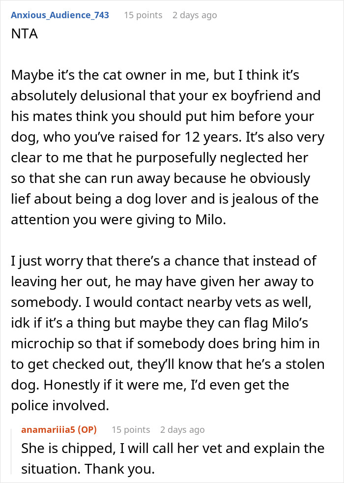 Reddit thread discussing a woman's lost dog after a trip nightmare, featuring advice and support comments.