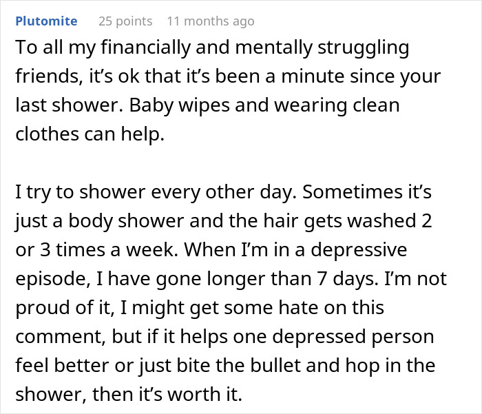 Text discussing the effects of not showering regularly and coping strategies.