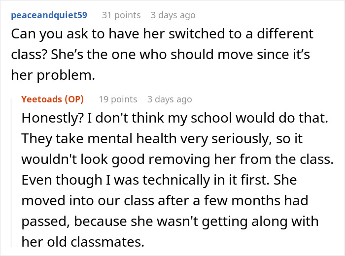Reddit comments discussing a student's acne impact on classmates and school's mental health policies.