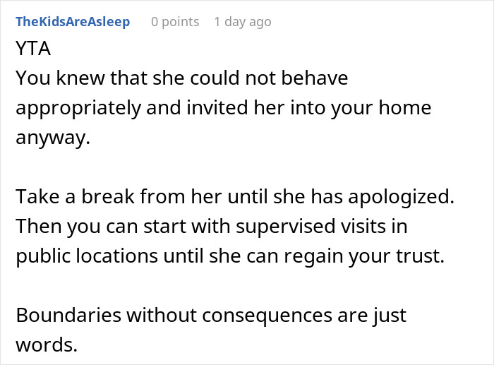 Reddit comment discussing consequences for MIL renaming grandson, advising taking a break until apology.